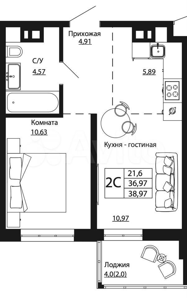 2-к. квартира, 38,9 м², 1/24 эт.