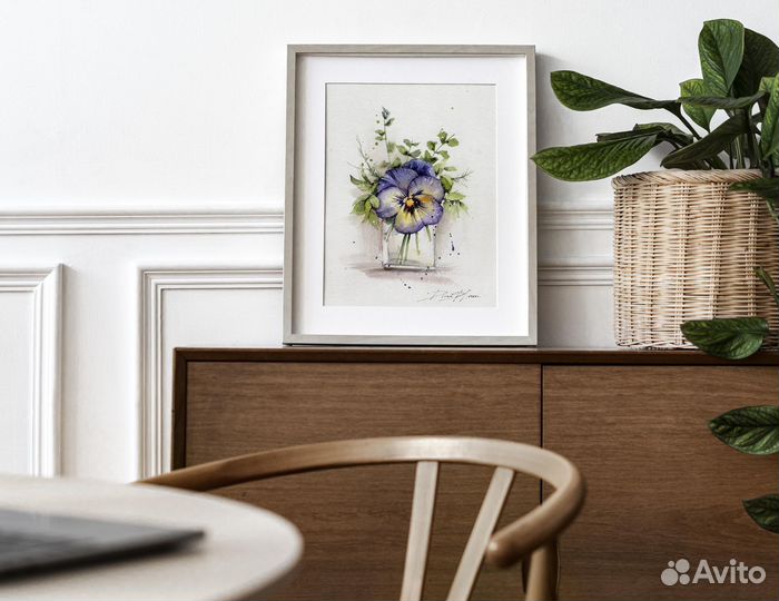 Картина акварелью цветы Анютины глазки 30 х 21см