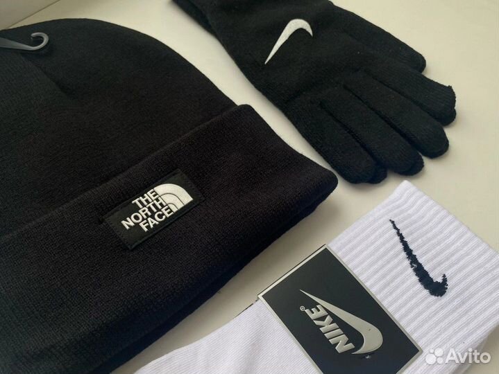 Зимний Комплект 3В1 Шапка TNF и перчатки nike