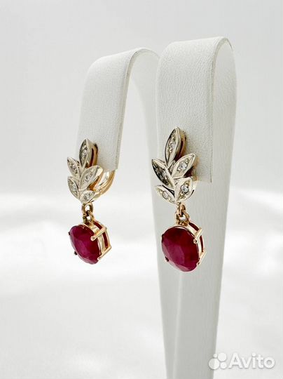 Золотые серьги с бриллиантами, рубин 585 / 5.7 гр