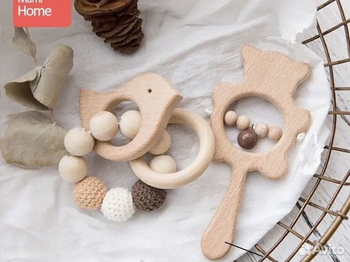 Деревянная погремушка + грызунок набор