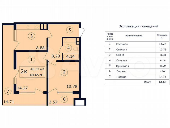 1-к. апартаменты, 41,5 м², 7/14 эт.