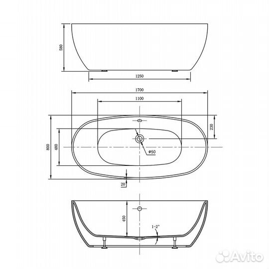 Ванна акриловая Vincea VBT-405-1700, 1700*800*580