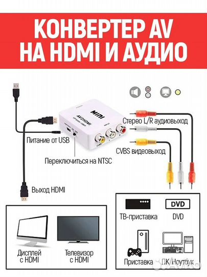 Переходник AV RCA на hdmi 1080P HD видео-аудио