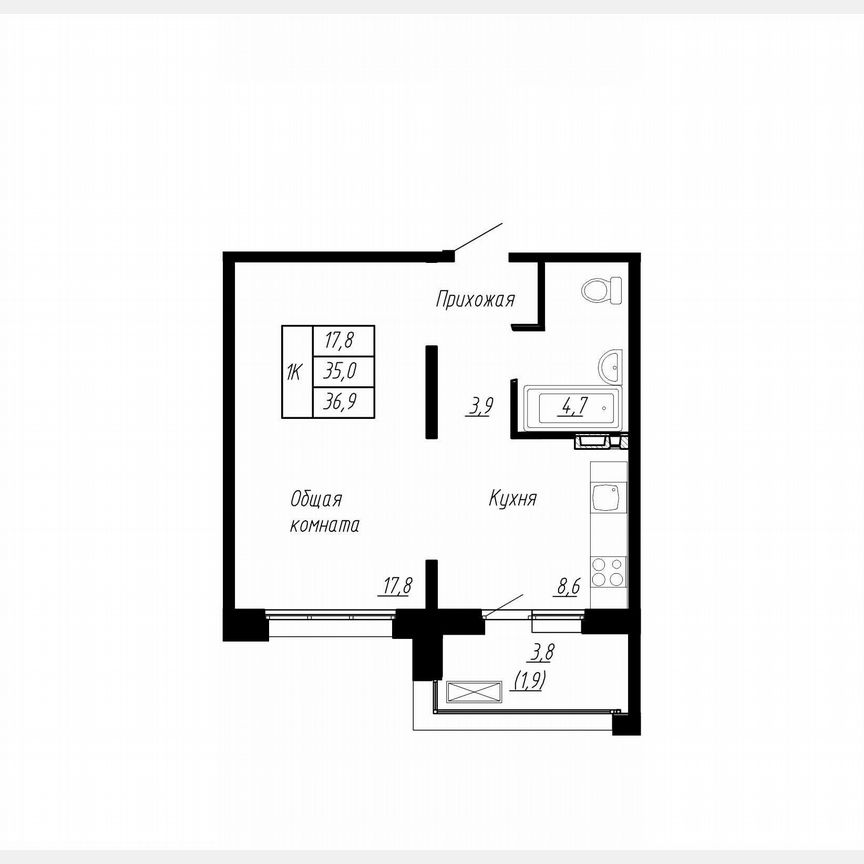 1-к. квартира, 36,9 м², 1/17 эт.
