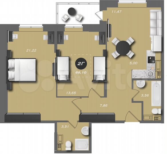 2-к. квартира, 68,1 м², 6/22 эт.