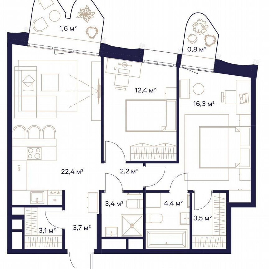 2-к. квартира, 73,8 м², 14/22 эт.