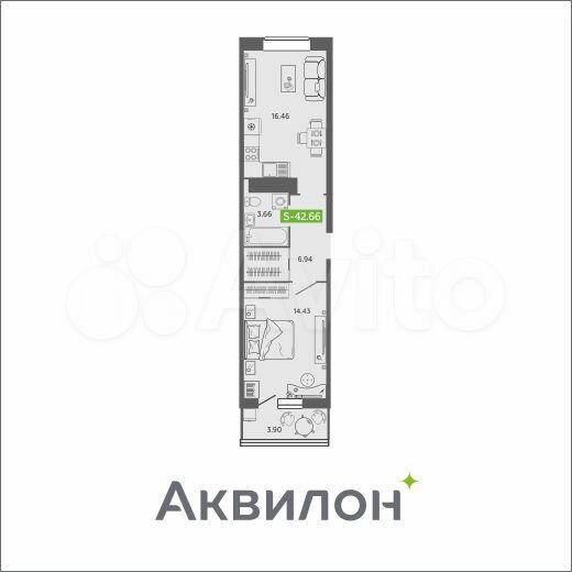 1-к. квартира, 42,7 м², 14/16 эт.