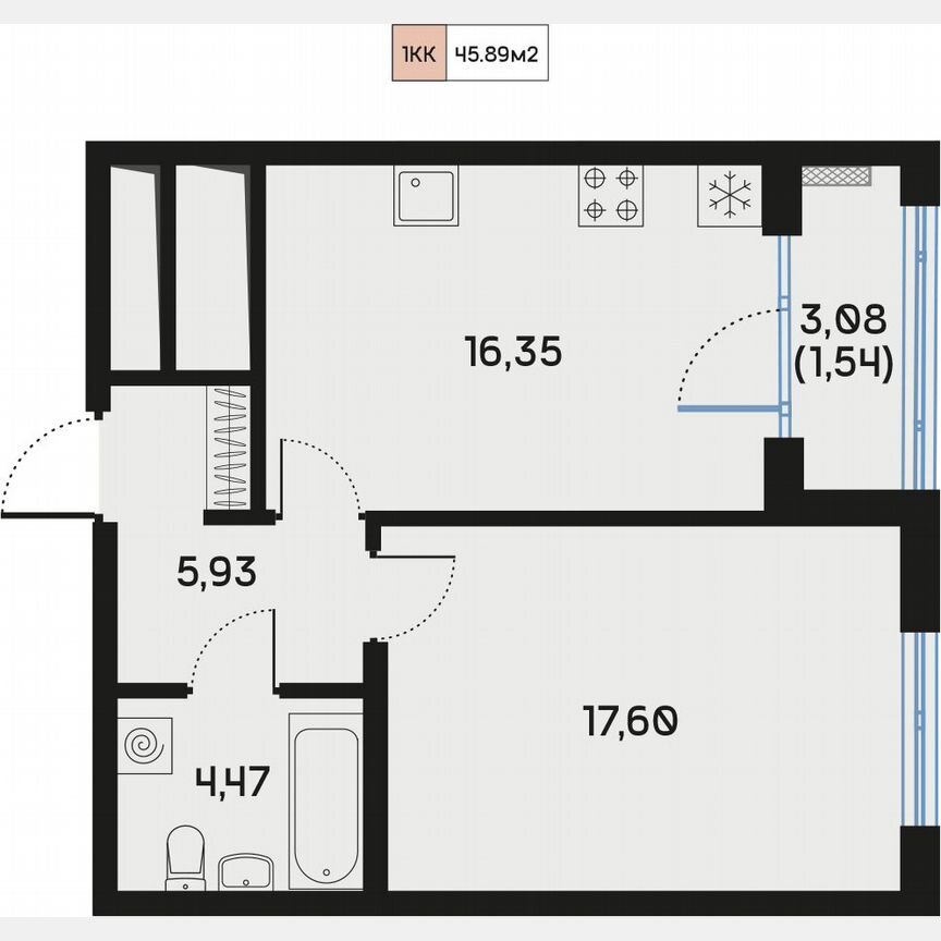 1-к. квартира, 46,1 м², 2/9 эт.