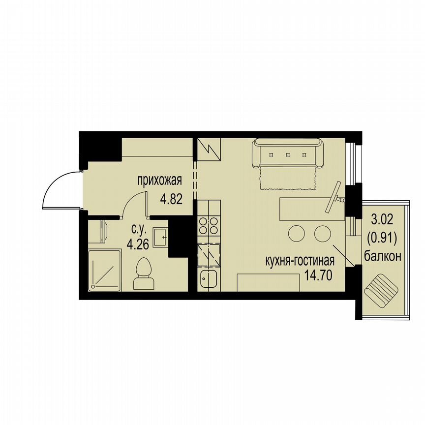 Квартира-студия, 24,7 м², 4/12 эт.