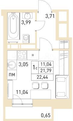 Квартира-студия, 22,4 м², 16/17 эт.