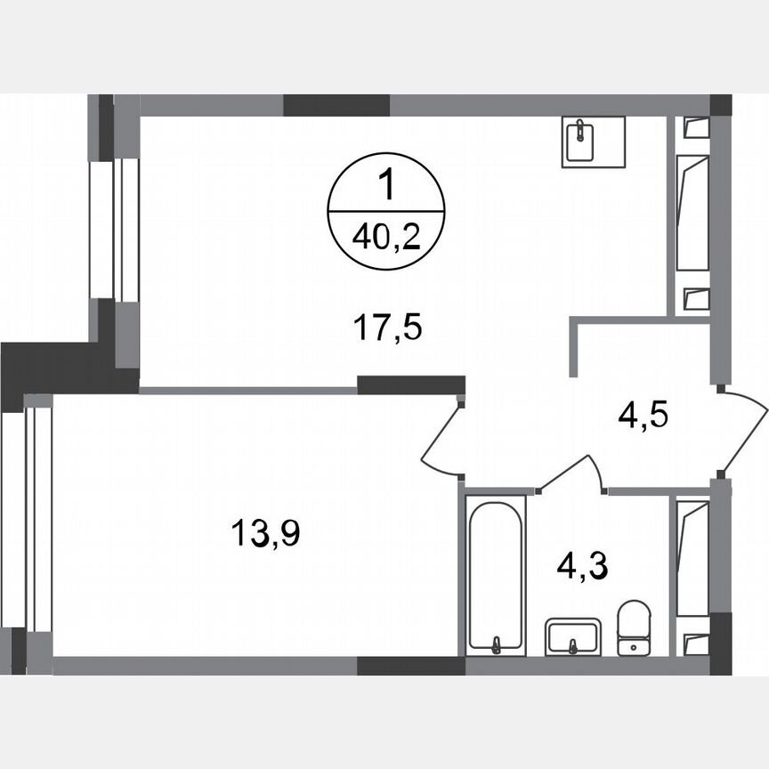 1-к. квартира, 40,2 м², 17/20 эт.