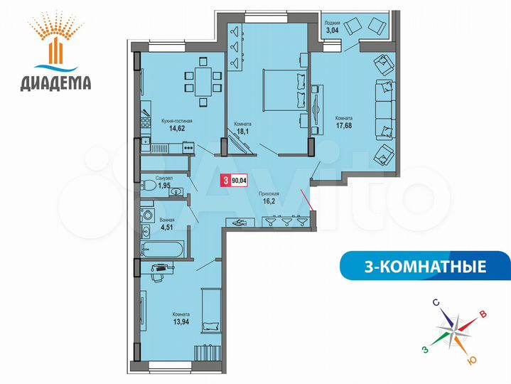 3-к. квартира, 90 м², 20/22 эт.