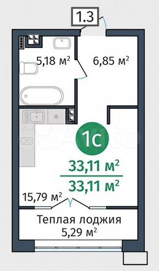 Квартира-студия, 33,1 м², 2/24 эт.