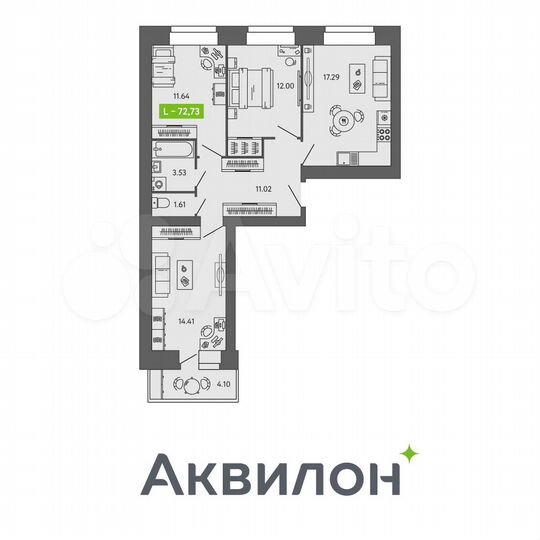 3-к. квартира, 72,7 м², 6/9 эт.