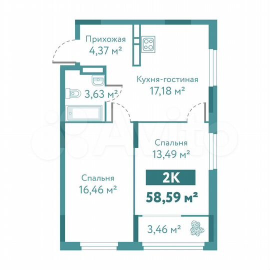 2-к. квартира, 58,6 м², 8/10 эт.