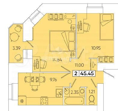 2-к. квартира, 45,5 м², 2/9 эт.