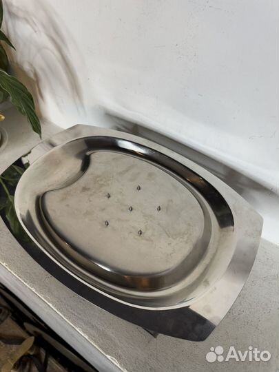 Блюдо для мяса сталь, щипцы серебрение антикварные