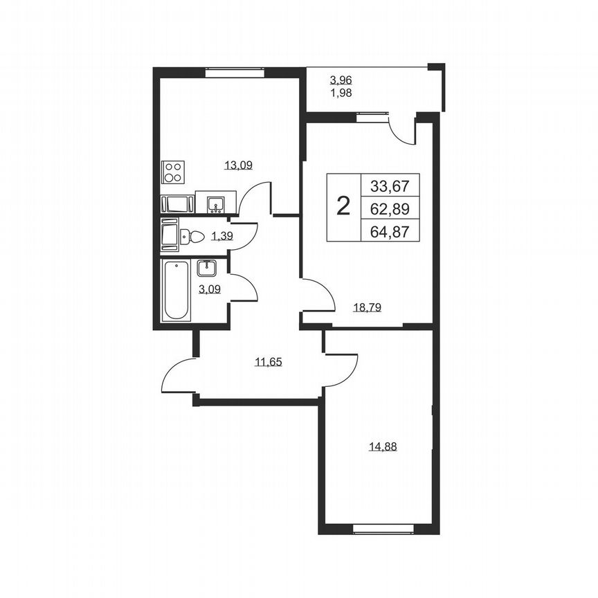 2-к. квартира, 64,9 м², 14/19 эт.