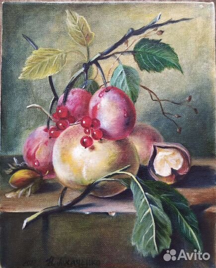 Маленькая картина маслом с персиком 20 х 25
