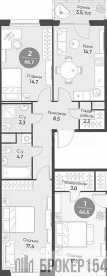 2-к. квартира, 66,7 м², 6/16 эт.