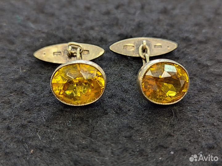 Запонки серебряные жёлтый камень проба 875 звезда