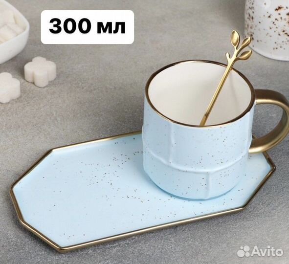 Чайная пара керамическая с блюдцем и с ложкой