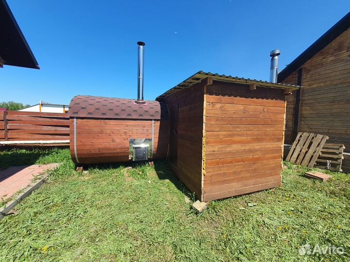 Баня бочка 6 метров с туалетом и раздевалкой