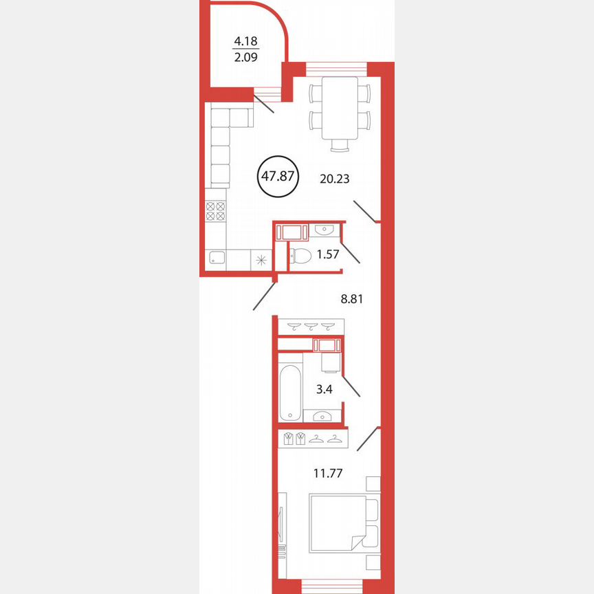 1-к. квартира, 47,9 м², 4/12 эт.