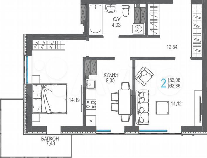 2-к. квартира, 62,9 м², 13/16 эт.