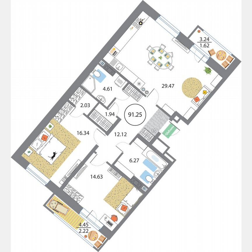 2-к. квартира, 91,3 м², 9/12 эт.
