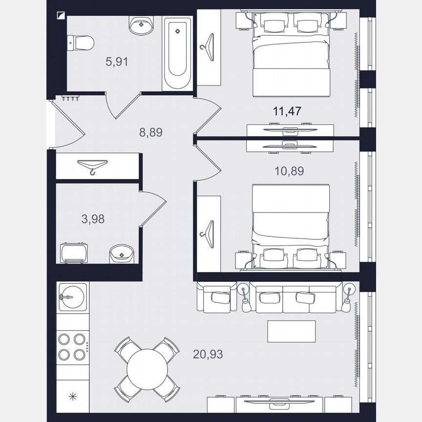 3-к. апартаменты, 62,1 м², 2/24 эт.