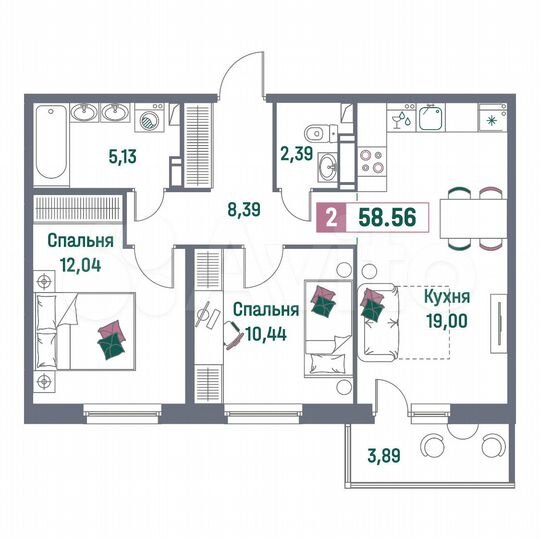 2-к. квартира, 58,6 м², 15/16 эт.