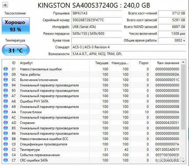 Жесткий диск SSD Kingston a400 240gb