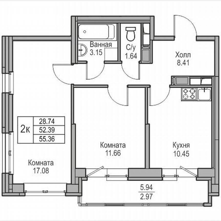 2-к. квартира, 55,4 м², 14/23 эт.