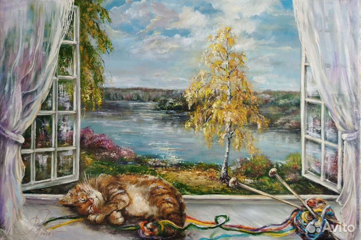 Кот, картина маслом на холсте, пейзаж 40х60см