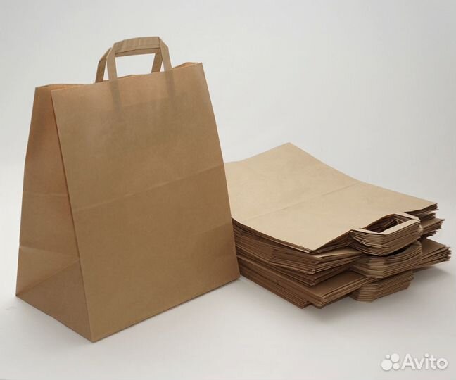Бумажные крафт пакеты с плоскими ручками