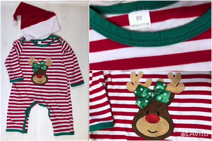 Новогодний комбинезон с колпаком Санты, 3-6 м, бу