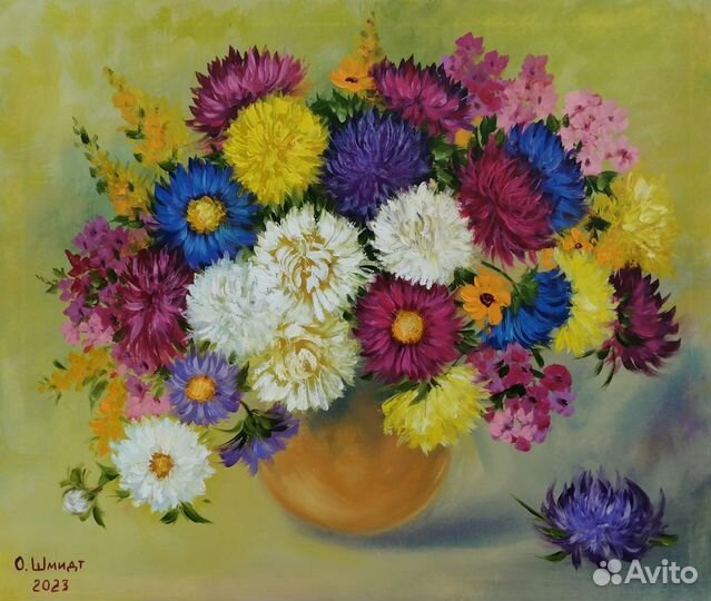 Астры в букете. Картина маслом на холсте 40х50