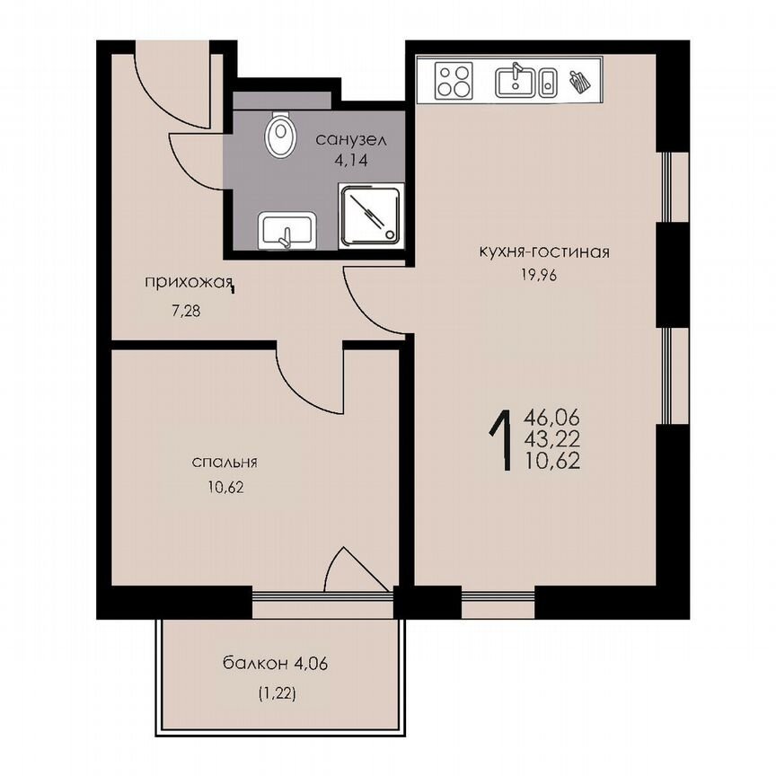 1-к. апартаменты, 43,2 м², 4/6 эт.