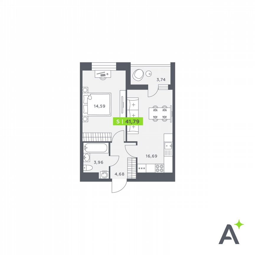 1-к. квартира, 41,8 м², 4/12 эт.
