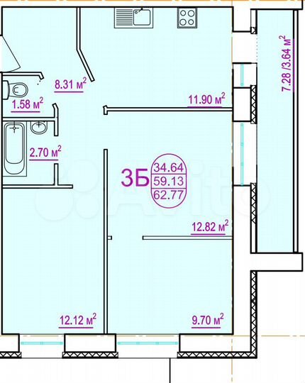 3-к. квартира, 62,8 м², 10/10 эт.