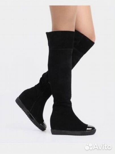 Ботфорты сапоги замшевые черные на танкетке 39