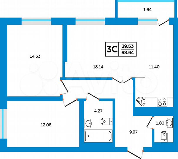 3-к. квартира, 68,6 м², 11/26 эт.
