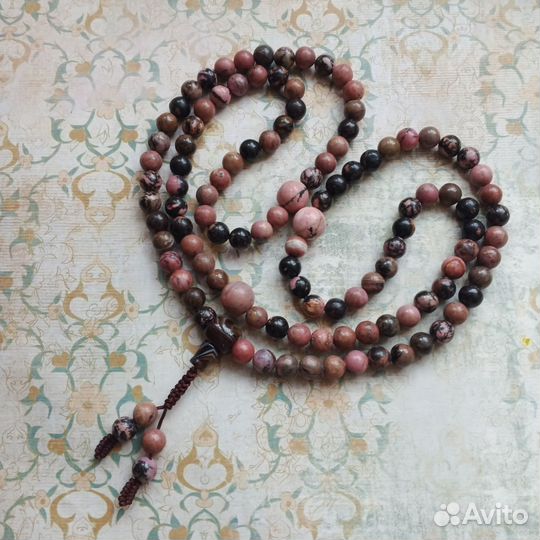 Буддийские четки Мала из родонита, 108 бусин