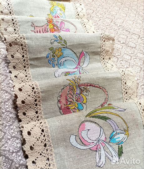 Дорожка лен, салфетки лен, вышивка крестиком