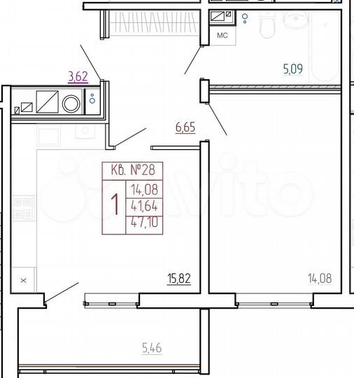 1-к. квартира, 47,1 м², 7/9 эт.