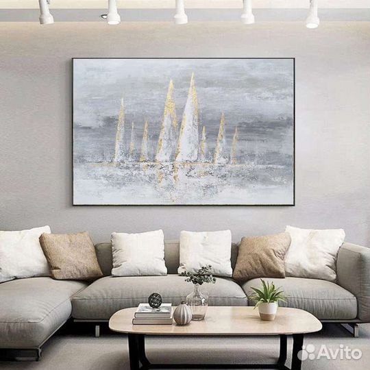 Большая картина маслом парусники в тумане