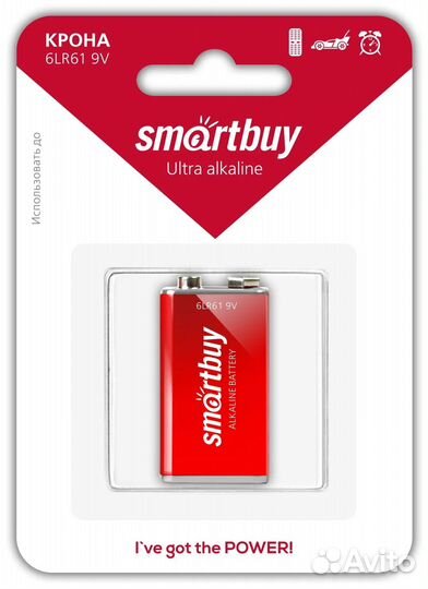 Батарейка Крона SmartBuy 6LR61-1BL, 9В, (1/12/240)