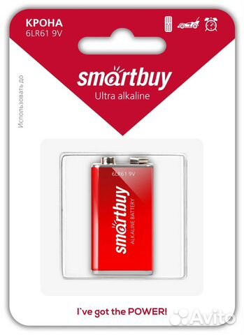 Батарейка Крона SmartBuy 6LR61-1BL, 9В, (1/12/240)